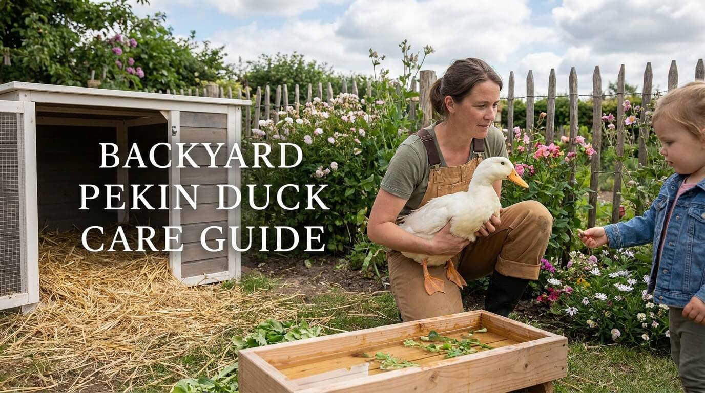 American Pekin duck care guide infographic showing housing, diet, water cleanliness, and health checks.