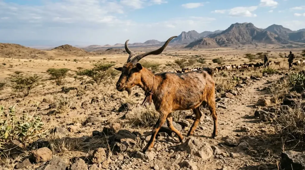 A short-eared Afar goat standing on dry ground with sparse vegetation in a rural Ethiopian landscape.