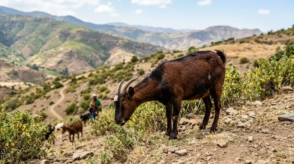 An Arsi goat standing calmly on dry pasture grass in a rural farm setting.