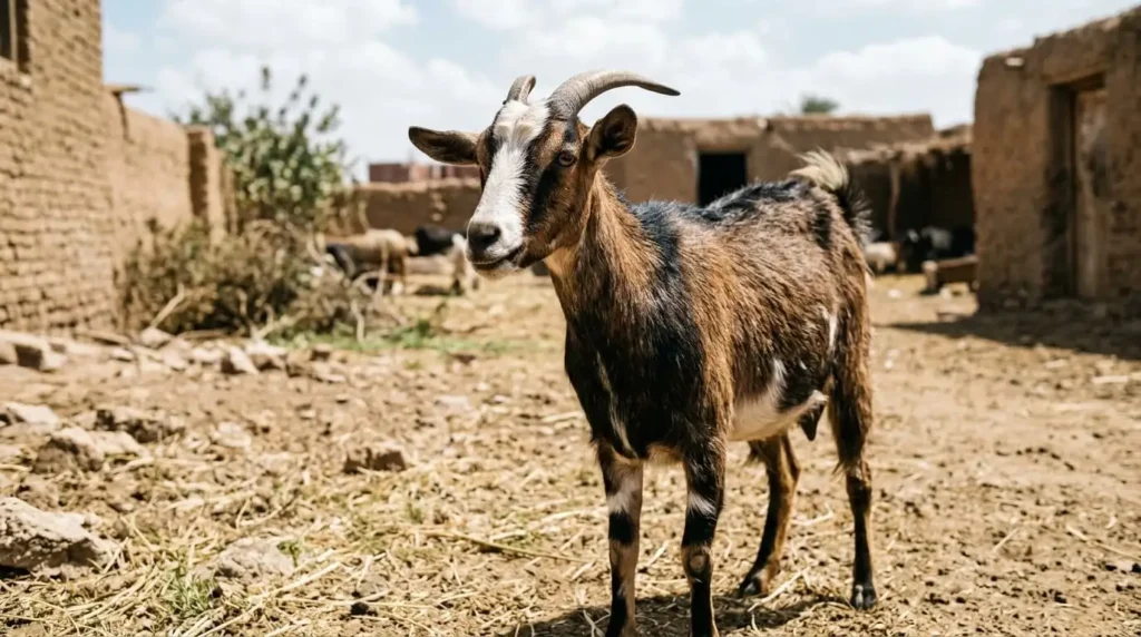 Baladi goat standing calmly on a farm path with natural lighting and farm shelter in the background.