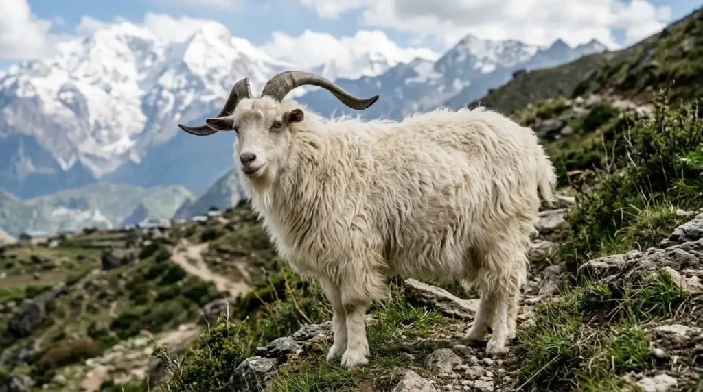 A calm cashmere goat standing on pasture with its soft coat visible on a farm.