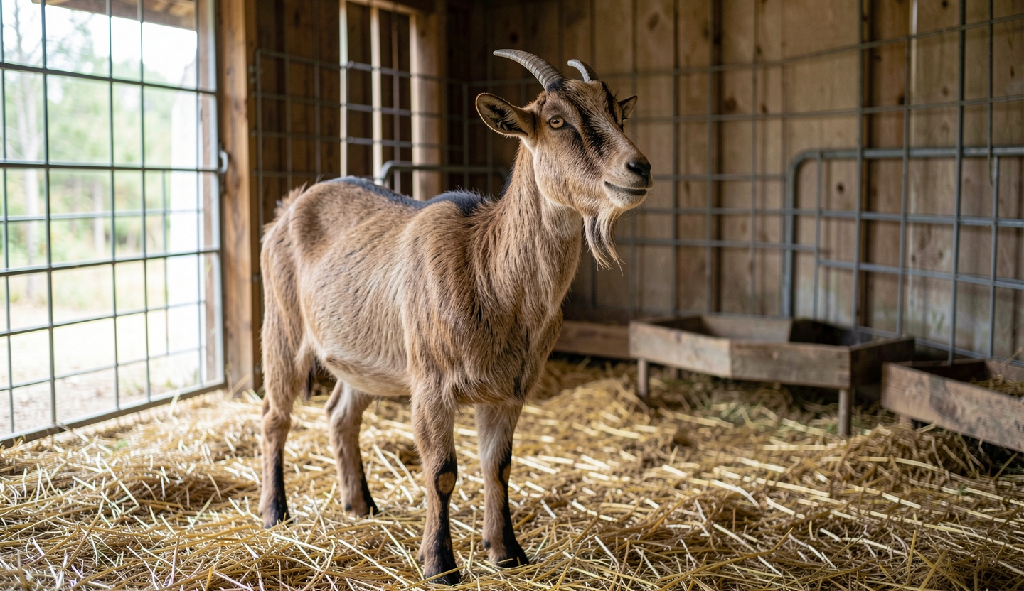 Abaza goat standing calmly on clean straw bedding inside a well ventilated shelter with natural light from the doorway.