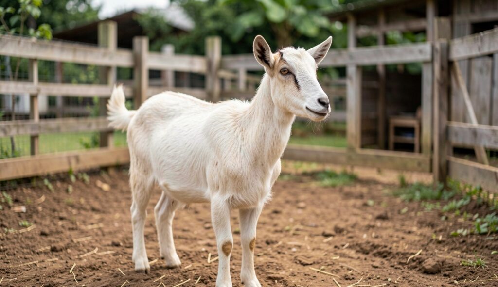 An alert Abergelle goat standing in a fenced farm yard under natural daylight.