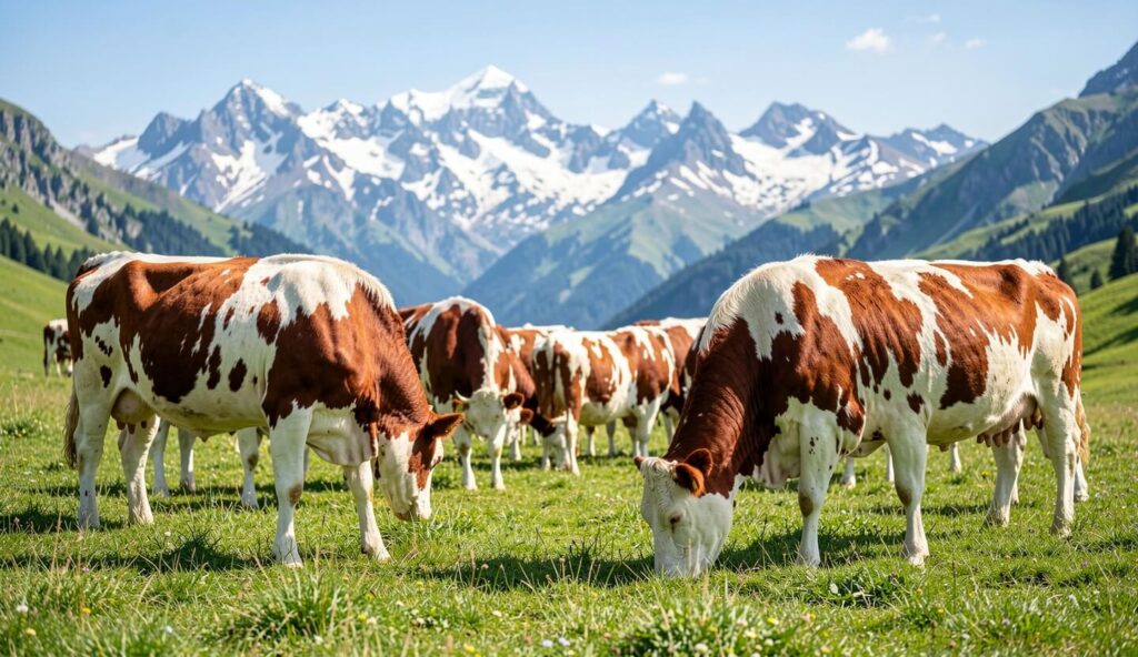 Abondance cattle grazing on an alpine pasture with mountains in the background