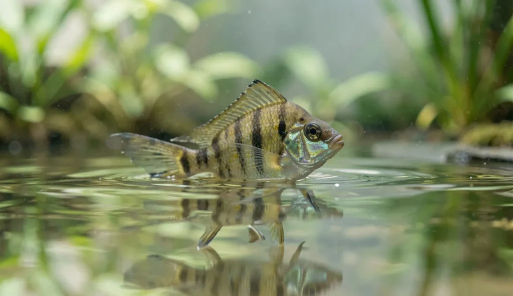 African butterflyfish near the water surface in a calm freshwater aquarium, poised to catch floating food