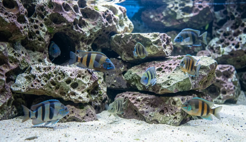 Lake Malawi mbuna cichlids swimming around stacked rocks in a well-structured aquarium with multiple territories