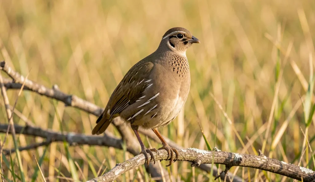 African Francolin perched on a branch in a grassland habitat