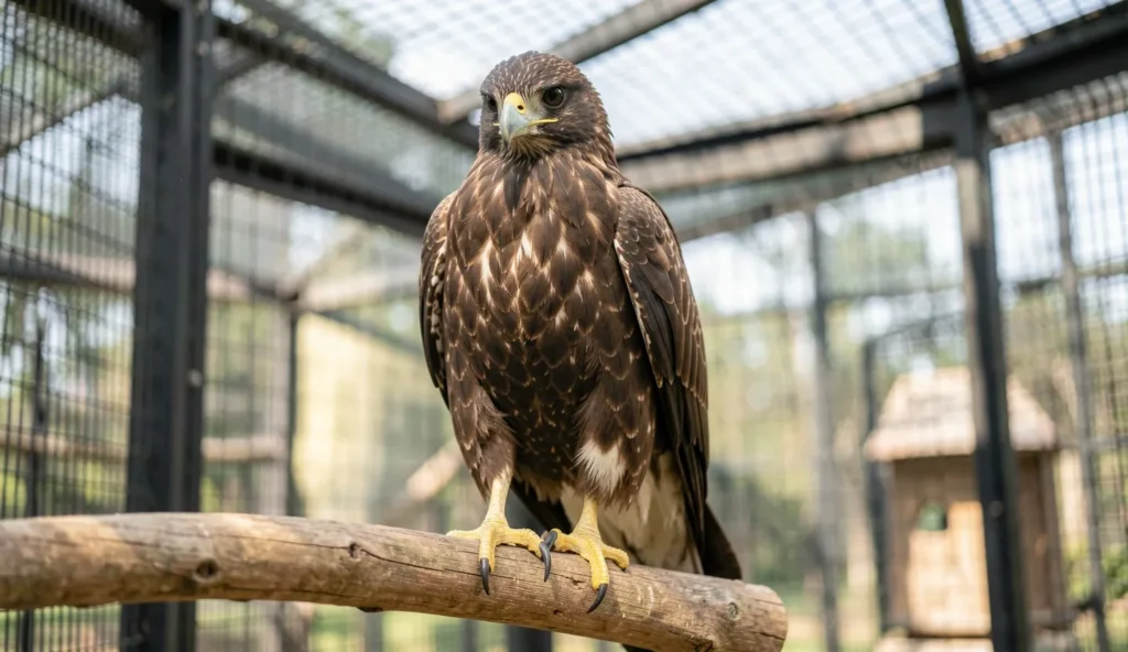 An African hawk eagle perched calmly on a wooden perch inside a secure enclosure.