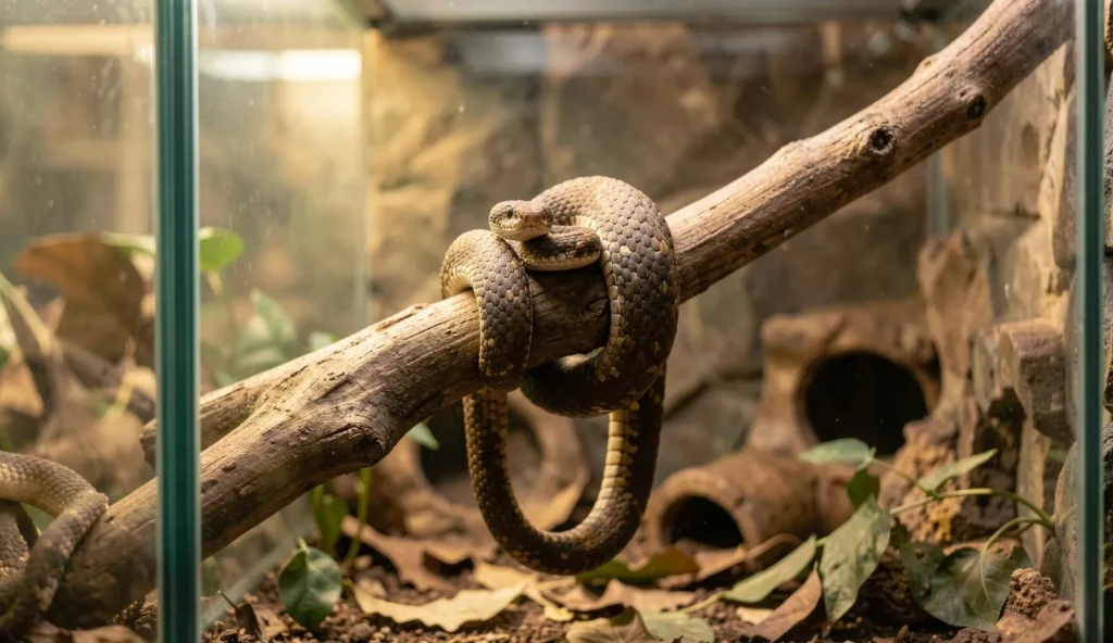 An African house snake resting on a branch inside its terrarium with warm lighting and natural hides in the background