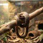 African House Snake – Size, Temperament & Complete Care Guide An African house snake resting on a branch inside its terrarium with warm lighting and natural hides in the background