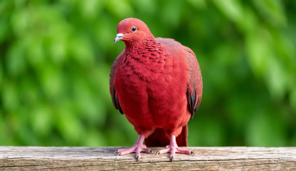 Close-up of a red African Owl Pigeon with ruffled feathers on a wooden perch