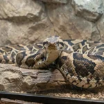 African rock python inside a secure enclosure with a coiled posture and head elevated