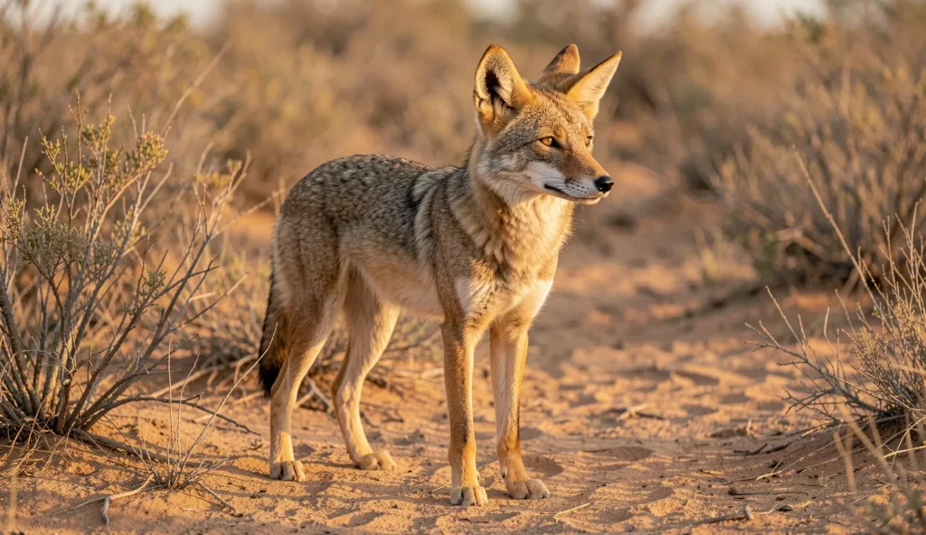An African wolf standing alert in a dry scrub habitat during warm evening light.