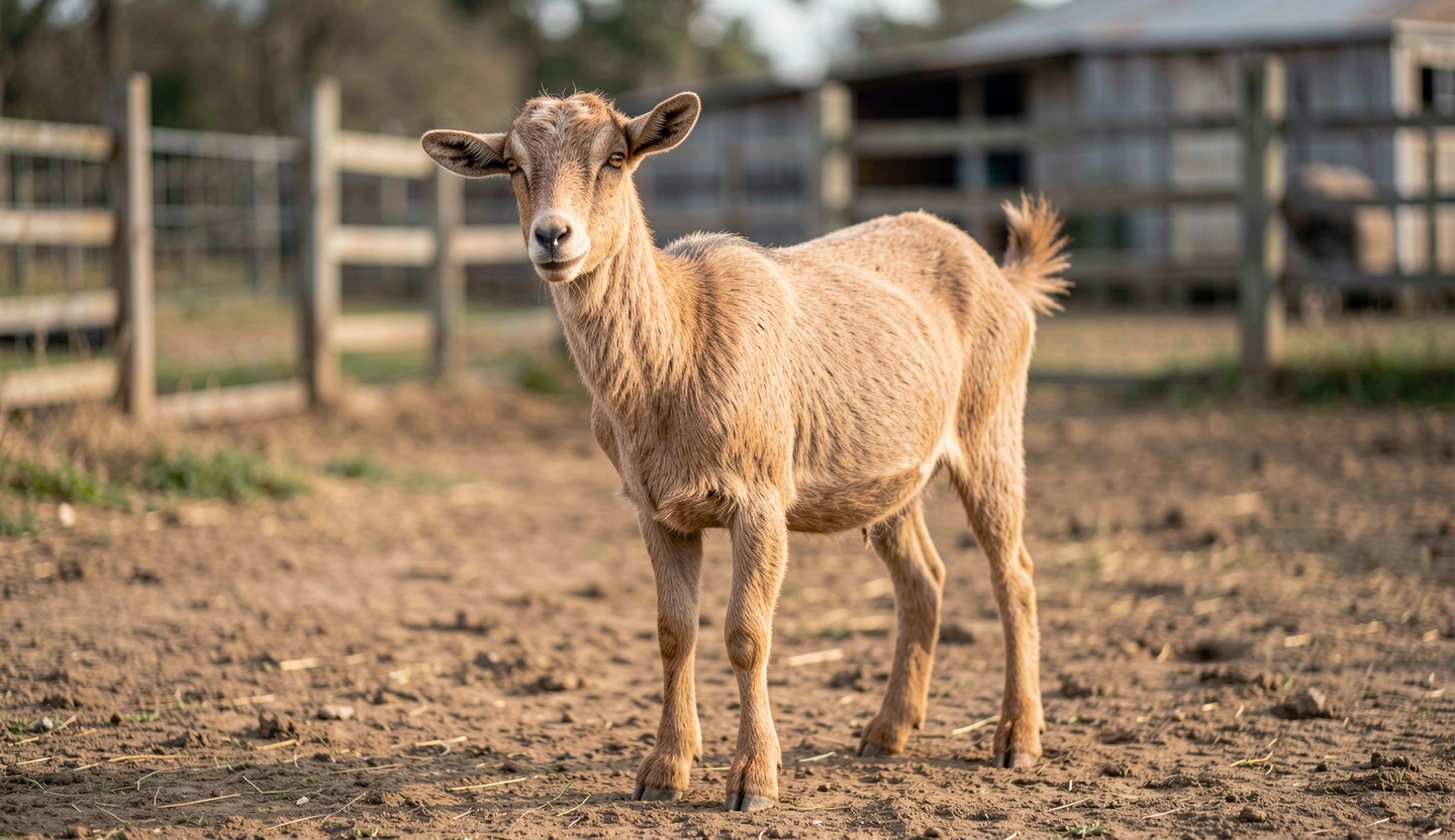Adult Agew goat standing in a rural Ethiopian farm yard with a relaxed posture, showing body shape, coat, and head position.