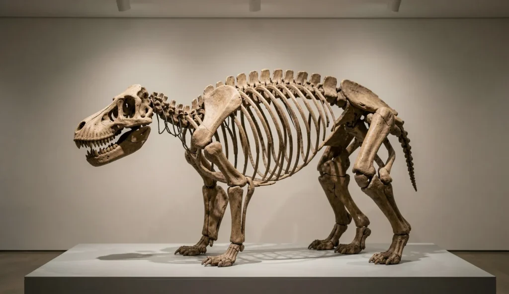 Fossil reconstruction of Ailuropoda baconi in a museum display, left profile.