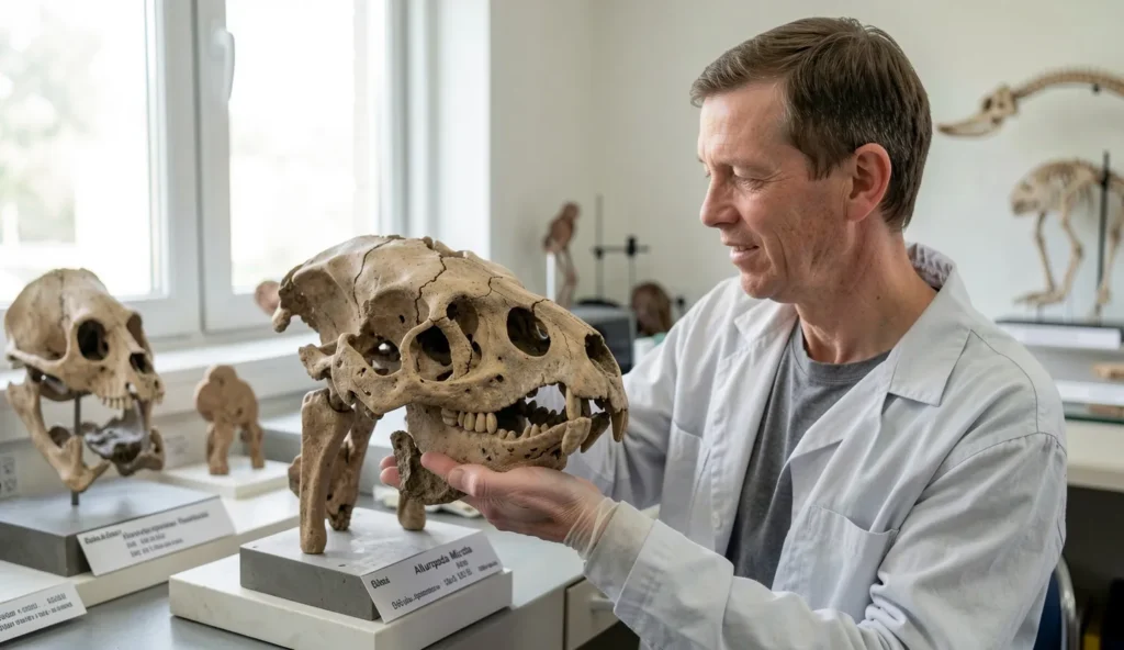 Paleontologist examining a fossil skull fragment of Ailuropoda microta in a museum lab