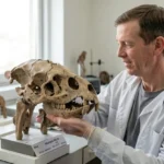 Ailuropoda Microta – Extinct Panda Species & Complete Evolution Guide Paleontologist examining a fossil skull fragment of Ailuropoda microta in a museum lab