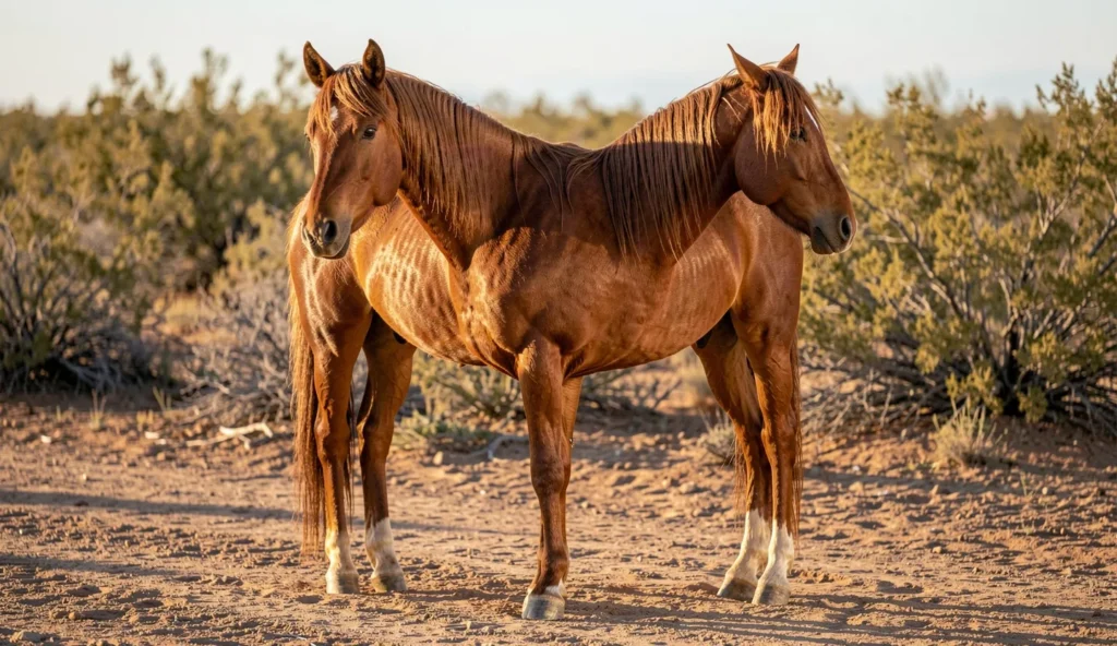 Akhal-Teke horse standing on a dirt track with a reflective coat in warm late afternoon light.