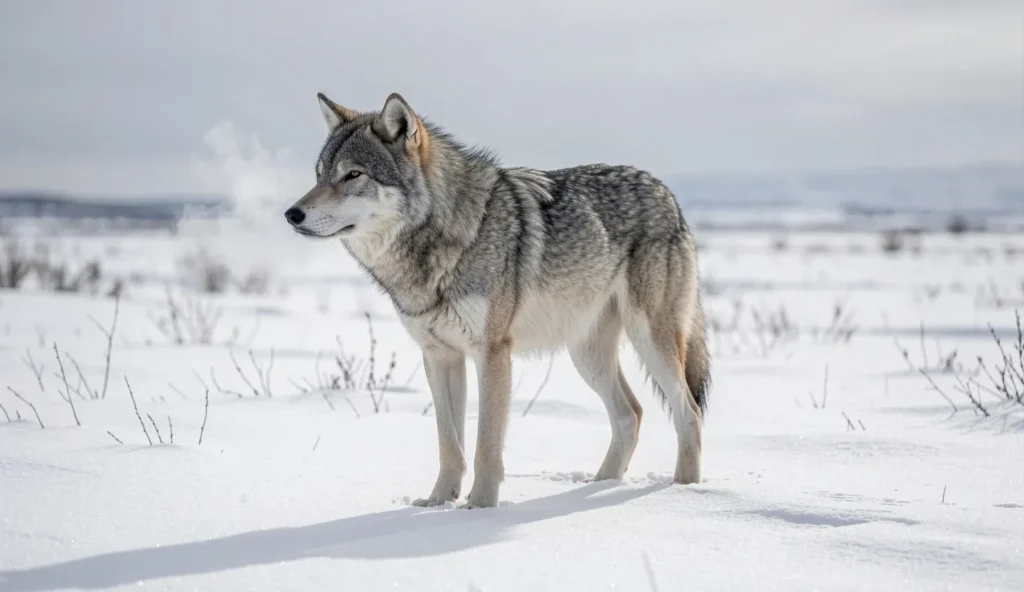 A gray wolf standing on open snow-covered tundra in Arctic Alaska under an overcast winter sky.