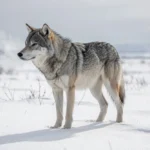 A gray wolf standing on open snow-covered tundra in Arctic Alaska under an overcast winter sky.