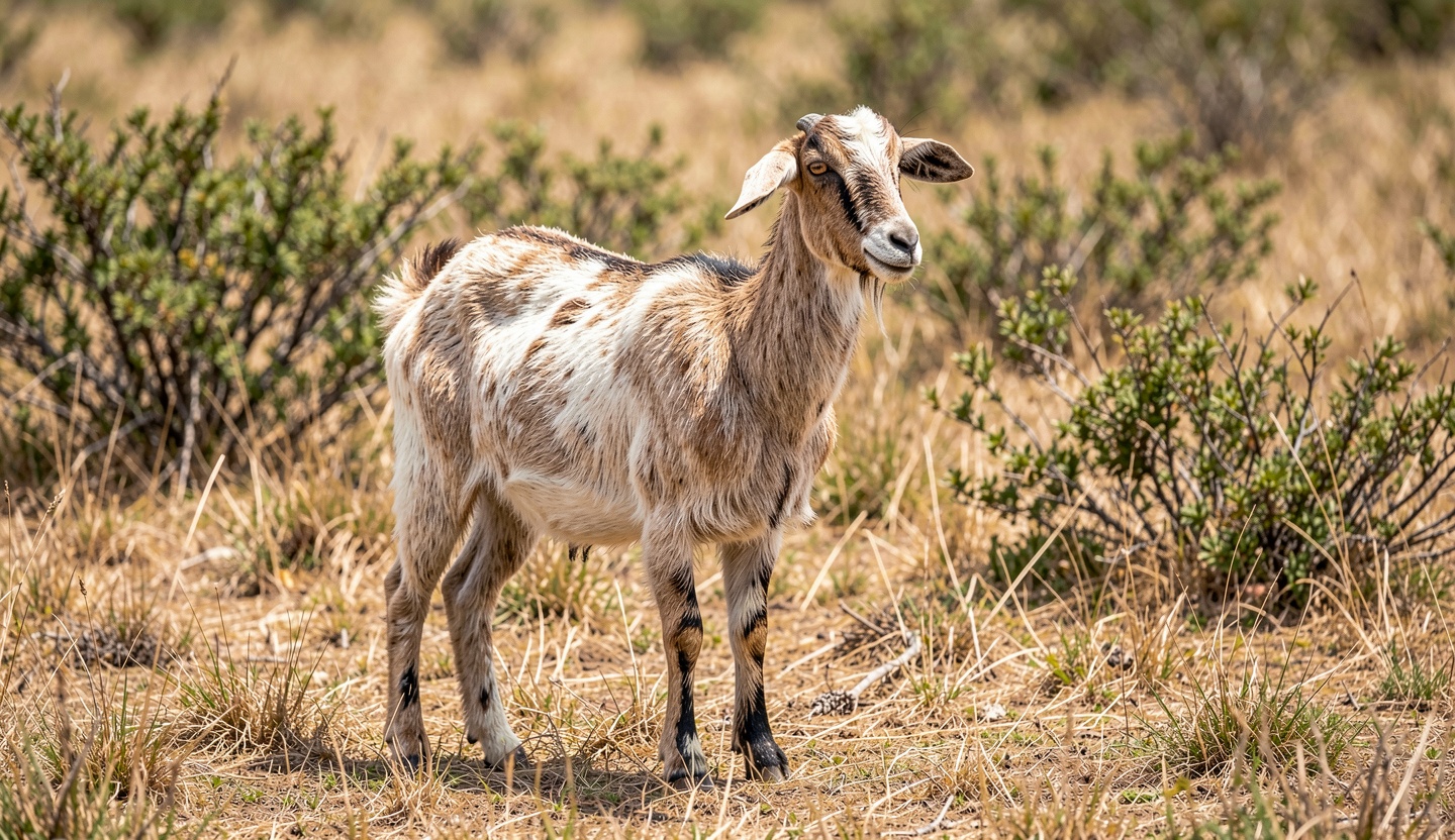 An Albatinah goat standing on dry pasture ground in natural daylight with low shrubs in the background.