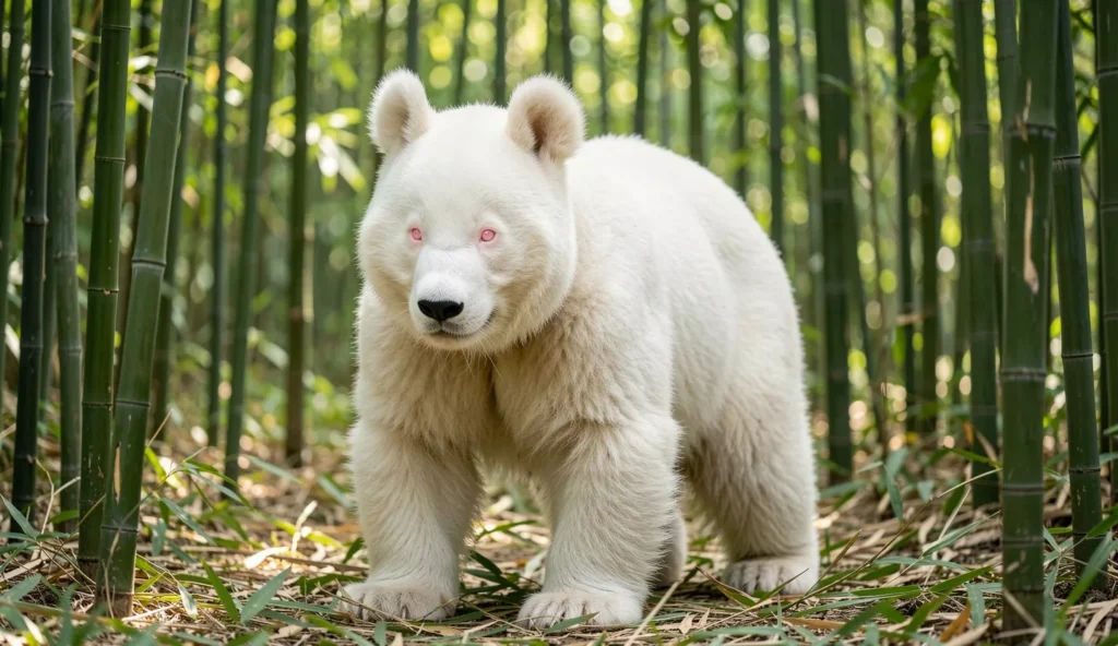Young albino giant panda standing among bamboo in a sunlit forest