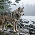 A gray wolf stands at the edge of a damp forest near a rocky shoreline in overcast Southeast Alaska island weather.