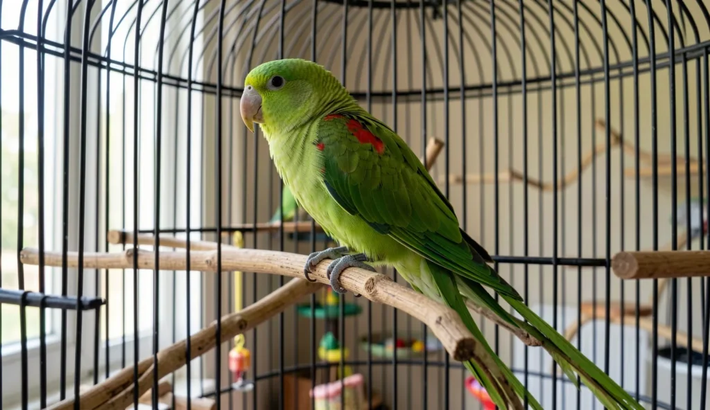 Alexandrine parakeet sitting on a branch inside a large bird cage with daylight streaming in