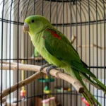 Alexandrine Parakeet – Size, Cage Requirements & Complete Care Guide Alexandrine parakeet sitting on a branch inside a large bird cage with daylight streaming in