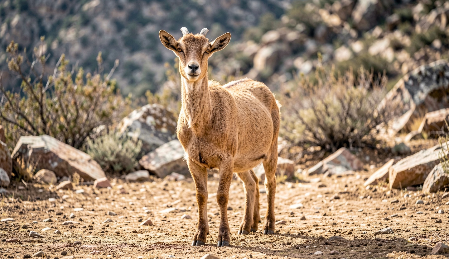 An adult Aljabal Goat standing in a sunlit outdoor pen with rocky mountain terrain and shrubs in the background.