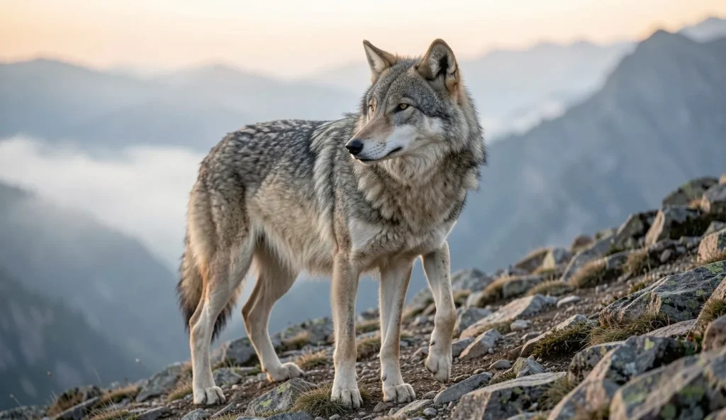 Adult wolf standing on a rocky slope in the Altai Mountains at dawn with misty valley in the background.