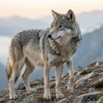 Adult wolf standing on a rocky slope in the Altai Mountains at dawn with misty valley in the background.