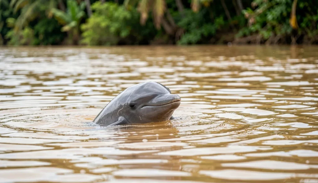 An Amazon River Dolphin with a pink tinted body surfacing in a muddy Amazon river with tropical vegetation in the background.