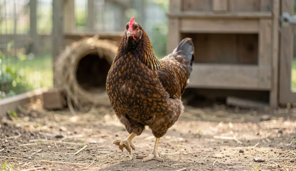 Ameraucana hen standing in a backyard coop with visible beard and muffs and natural lighting.