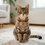 American Bobtail cat sitting alert in a living room with a short curved tail and attentive expression.