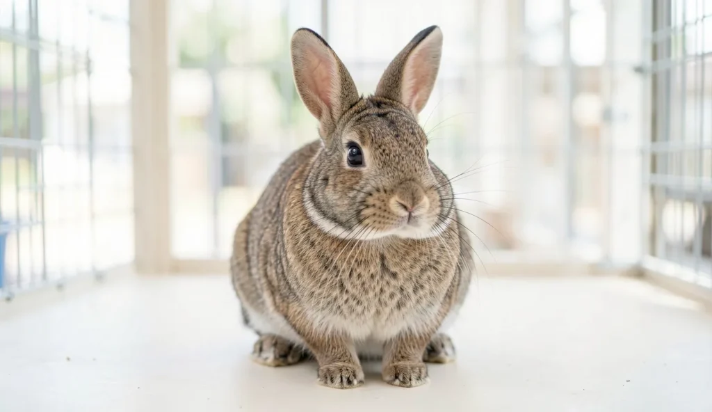 American Chinchilla Rabbit sitting in a bright enclosure with dense silver-gray fur and alert ears