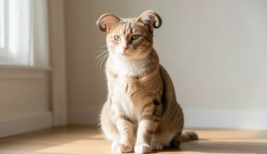 American Curl cat with backward-curled ears sitting calmly indoors in natural light.