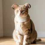American Curl cat with backward-curled ears sitting calmly indoors in natural light.
