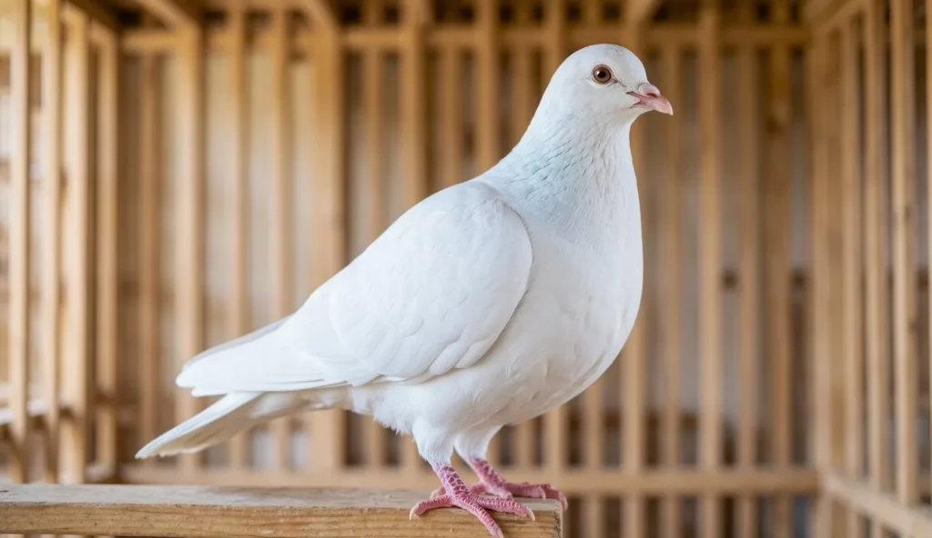American Giant Homer pigeon standing on a wooden perch in a loft.