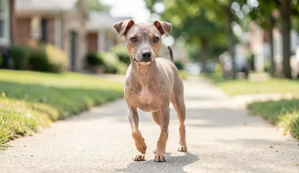 An American Hairless Terrier standing alert during a walk in natural daylight on a sidewalk.