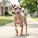An American Hairless Terrier standing alert during a walk in natural daylight on a sidewalk.