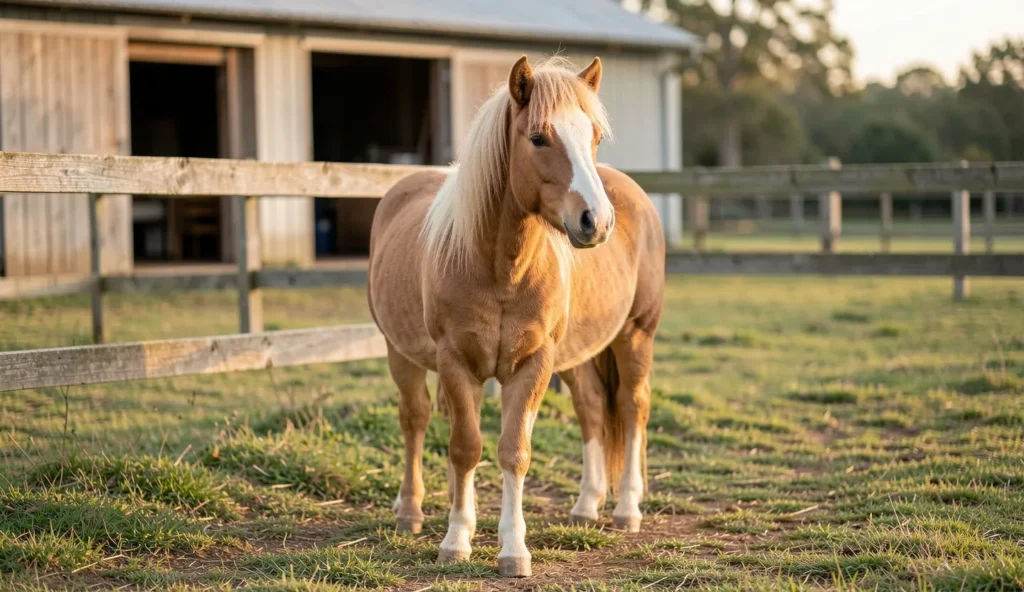 An American Quarter Pony standing calmly in a paddock with a stable in the background.