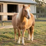 American Quarter Pony – Compact Versatile Pony & Complete Care Guide An American Quarter Pony standing calmly in a paddock with a stable in the background.