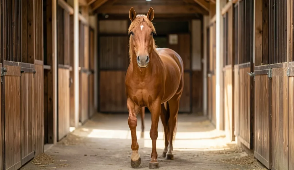 An American Saddlebred horse posed with one front hoof lifted in a sunlit stable aisle with neatly groomed mane and alert expression.
