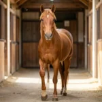 An American Saddlebred horse posed with one front hoof lifted in a sunlit stable aisle with neatly groomed mane and alert expression.
