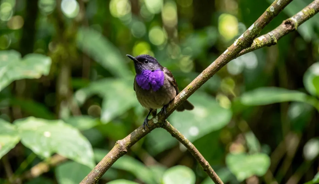 Close up of an Amethyst Woodstar showing a purple gorget perched in the Amazon forest