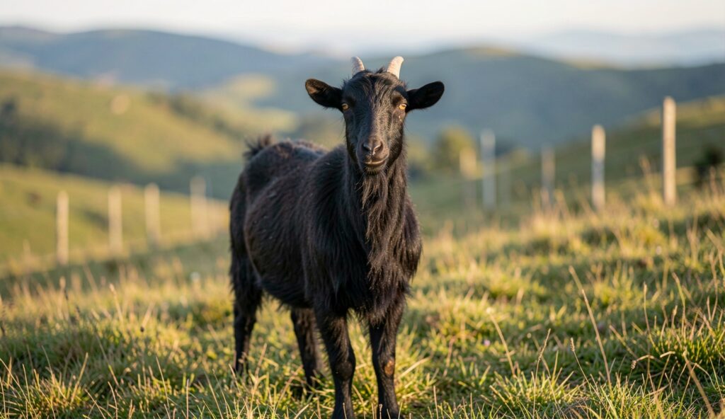 Anatolian Black Goat standing on pasture grass with black coat and alert posture