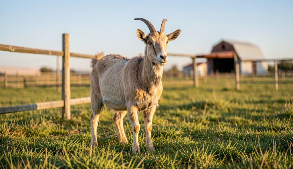 Andalusian goat standing calmly in a grassy pasture, facing toward the camera with natural farm surroundings in the background.