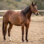 An Andalusian horse standing in a collected posture in an outdoor training arena under natural light.