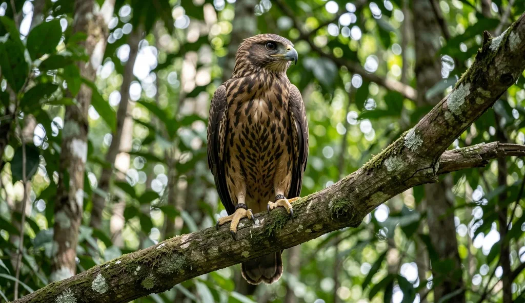 An Andaman serpent eagle perched on a branch in a forest canopy with natural light filtering through leaves.